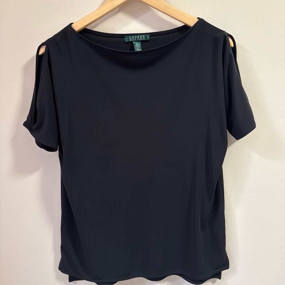 Lauren Ralph Lauren Black Short-Sleeve Cold-Shoulder Blouse Top Size Small Boat - Picture 2 of 8